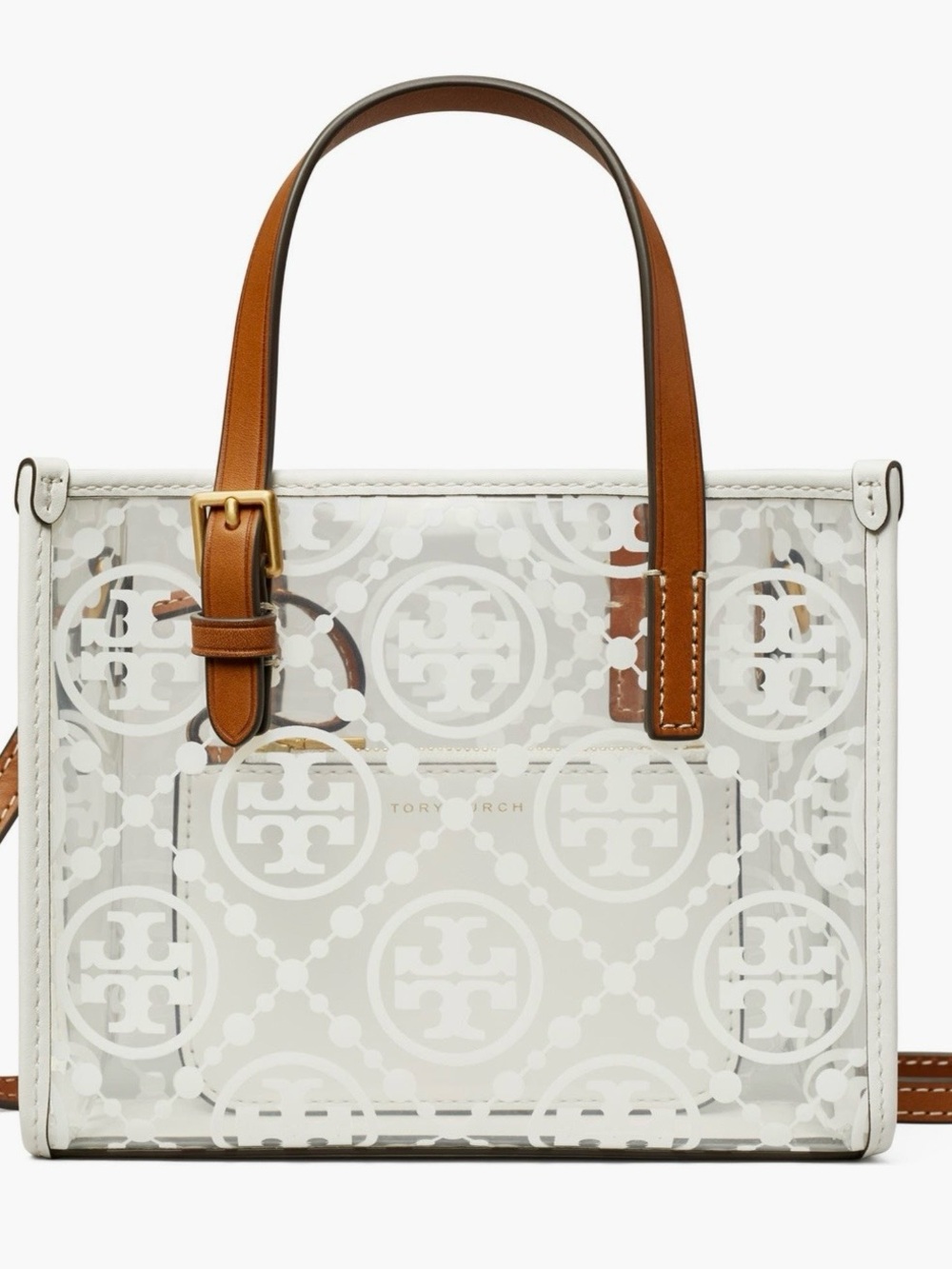 Tory Burch White Logo-Print Tote with Brown Leather Handles